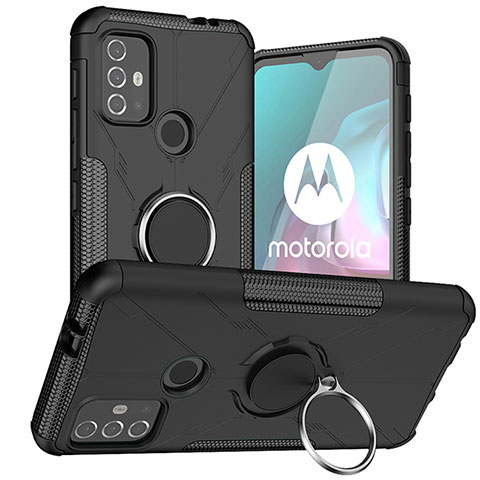 Funda Bumper Silicona y Plastico Mate Carcasa con Magnetico Anillo de dedo Soporte S02 para Motorola Moto G10 Negro