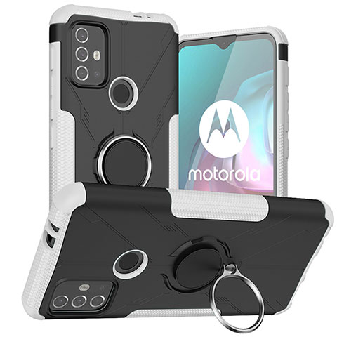 Funda Bumper Silicona y Plastico Mate Carcasa con Magnetico Anillo de dedo Soporte S02 para Motorola Moto G30 Blanco