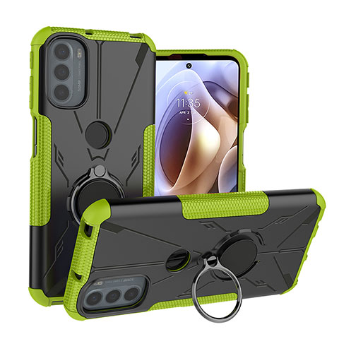 Funda Bumper Silicona y Plastico Mate Carcasa con Magnetico Anillo de dedo Soporte S02 para Motorola Moto G31 Verde