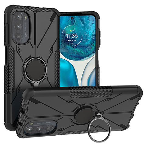 Funda Bumper Silicona y Plastico Mate Carcasa con Magnetico Anillo de dedo Soporte S02 para Motorola Moto G71s 5G Negro