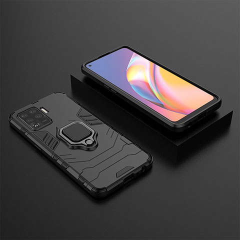 Funda Bumper Silicona y Plastico Mate Carcasa con Magnetico Anillo de dedo Soporte S02 para Oppo F19 Pro Negro