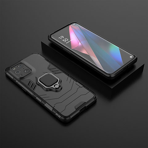 Funda Bumper Silicona y Plastico Mate Carcasa con Magnetico Anillo de dedo Soporte S02 para Oppo Find X3 5G Negro