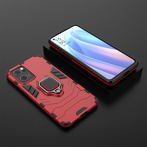 Funda Bumper Silicona y Plastico Mate Carcasa con Magnetico Anillo de dedo Soporte S02 para Oppo Find X5 Lite 5G Rojo