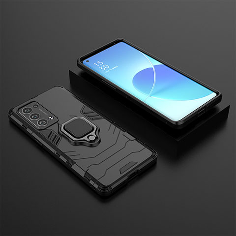 Funda Bumper Silicona y Plastico Mate Carcasa con Magnetico Anillo de dedo Soporte S02 para Oppo Reno6 Pro 5G Negro