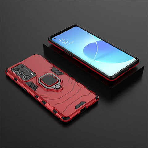 Funda Bumper Silicona y Plastico Mate Carcasa con Magnetico Anillo de dedo Soporte S02 para Oppo Reno6 Pro 5G Rojo