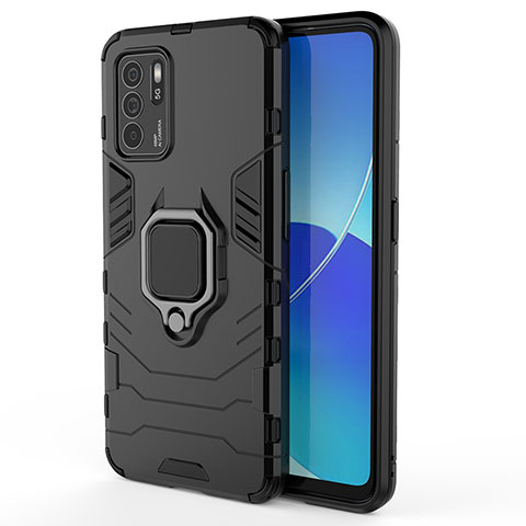 Funda Bumper Silicona y Plastico Mate Carcasa con Magnetico Anillo de dedo Soporte S02 para Oppo Reno6 Z 5G Negro