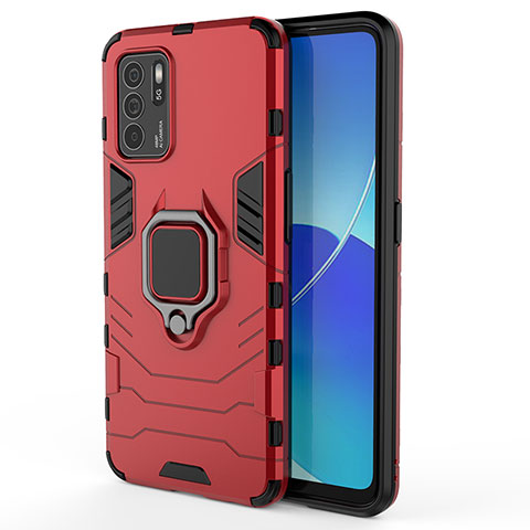 Funda Bumper Silicona y Plastico Mate Carcasa con Magnetico Anillo de dedo Soporte S02 para Oppo Reno6 Z 5G Rojo