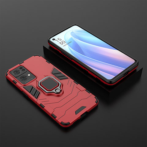 Funda Bumper Silicona y Plastico Mate Carcasa con Magnetico Anillo de dedo Soporte S02 para Oppo Reno7 Pro 5G Rojo