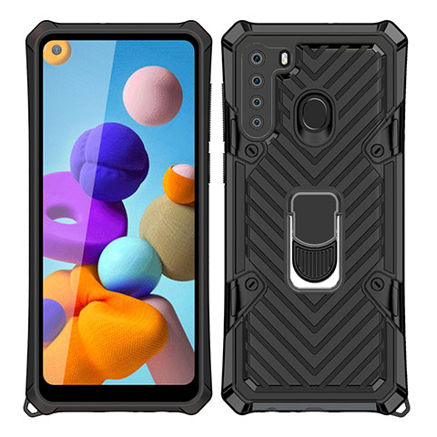 Funda Bumper Silicona y Plastico Mate Carcasa con Magnetico Anillo de dedo Soporte S02 para Samsung Galaxy A21 Negro