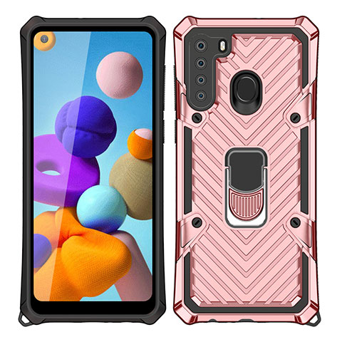 Funda Bumper Silicona y Plastico Mate Carcasa con Magnetico Anillo de dedo Soporte S02 para Samsung Galaxy A21 Oro Rosa