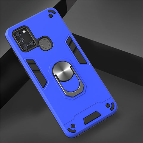 Funda Bumper Silicona y Plastico Mate Carcasa con Magnetico Anillo de dedo Soporte S02 para Samsung Galaxy A21s Azul Cielo