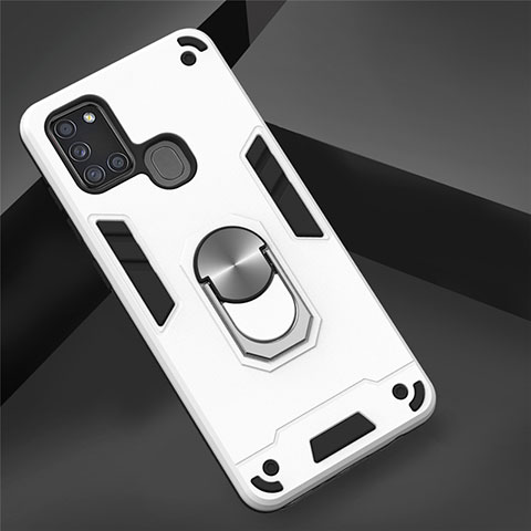 Funda Bumper Silicona y Plastico Mate Carcasa con Magnetico Anillo de dedo Soporte S02 para Samsung Galaxy A21s Blanco