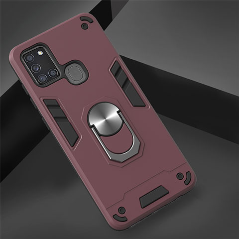 Funda Bumper Silicona y Plastico Mate Carcasa con Magnetico Anillo de dedo Soporte S02 para Samsung Galaxy A21s Rojo Rosa