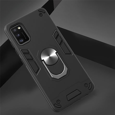 Funda Bumper Silicona y Plastico Mate Carcasa con Magnetico Anillo de dedo Soporte S02 para Samsung Galaxy A41 Negro