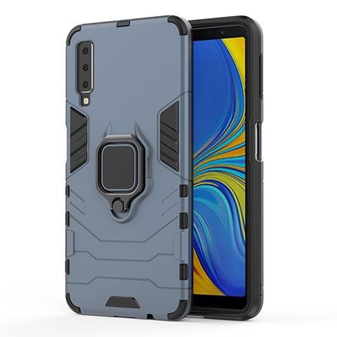 Funda Bumper Silicona y Plastico Mate Carcasa con Magnetico Anillo de dedo Soporte S02 para Samsung Galaxy A7 (2018) A750 Azul