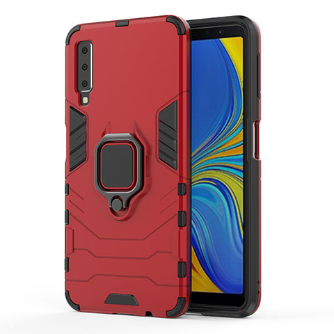 Funda Bumper Silicona y Plastico Mate Carcasa con Magnetico Anillo de dedo Soporte S02 para Samsung Galaxy A7 (2018) A750 Rojo