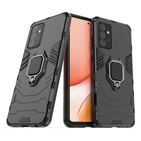 Funda Bumper Silicona y Plastico Mate Carcasa con Magnetico Anillo de dedo Soporte S02 para Samsung Galaxy A72 4G Negro