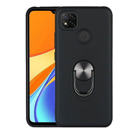 Funda Bumper Silicona y Plastico Mate Carcasa con Magnetico Anillo de dedo Soporte S02 para Xiaomi Redmi 9C NFC Negro