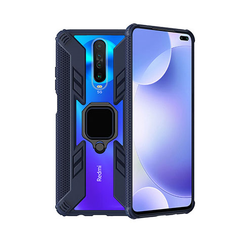 Funda Bumper Silicona y Plastico Mate Carcasa con Magnetico Anillo de dedo Soporte S02 para Xiaomi Redmi K30i 5G Azul