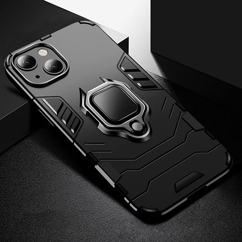 Funda Bumper Silicona y Plastico Mate Carcasa con Magnetico Anillo de dedo Soporte S03 para Apple iPhone 15 Plus Negro