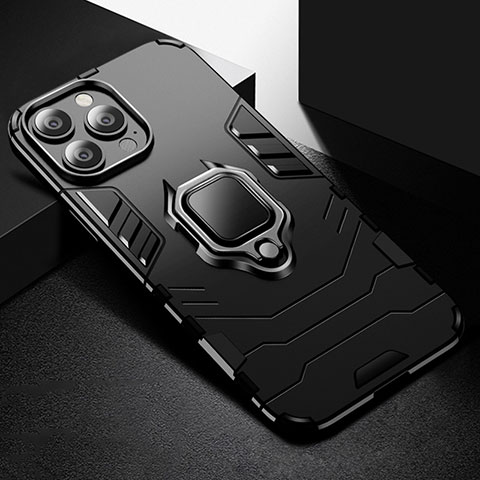 Funda Bumper Silicona y Plastico Mate Carcasa con Magnetico Anillo de dedo Soporte S03 para Apple iPhone 16 Pro Max Negro