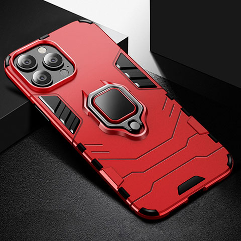 Funda Bumper Silicona y Plastico Mate Carcasa con Magnetico Anillo de dedo Soporte S03 para Apple iPhone 16 Pro Rojo