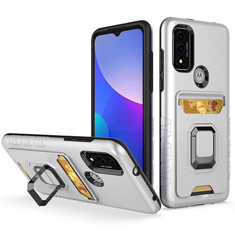 Funda Bumper Silicona y Plastico Mate Carcasa con Magnetico Anillo de dedo Soporte S03 para Motorola Moto G Pure Plata