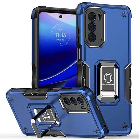 Funda Bumper Silicona y Plastico Mate Carcasa con Magnetico Anillo de dedo Soporte S03 para Motorola MOTO G52 Azul