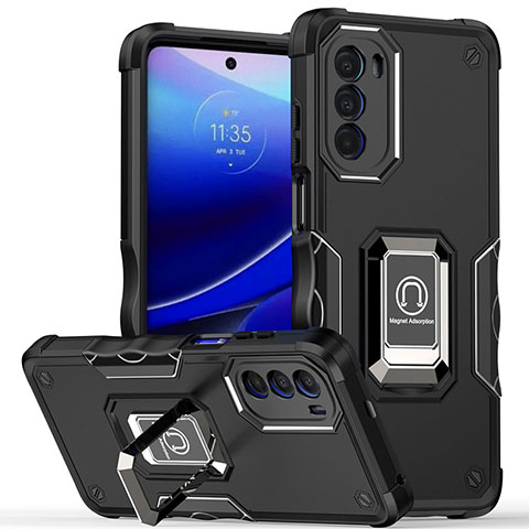 Funda Bumper Silicona y Plastico Mate Carcasa con Magnetico Anillo de dedo Soporte S03 para Motorola Moto G82 5G Negro