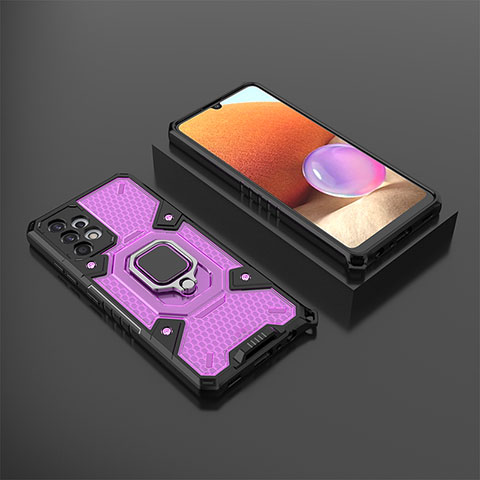 Funda Bumper Silicona y Plastico Mate Carcasa con Magnetico Anillo de dedo Soporte S03 para Samsung Galaxy A32 4G Morado