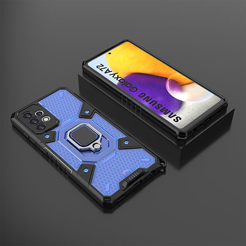 Funda Bumper Silicona y Plastico Mate Carcasa con Magnetico Anillo de dedo Soporte S03 para Samsung Galaxy A72 4G Azul