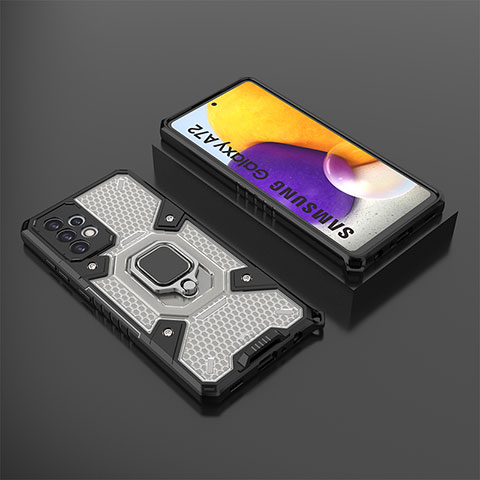 Funda Bumper Silicona y Plastico Mate Carcasa con Magnetico Anillo de dedo Soporte S03 para Samsung Galaxy A72 4G Negro