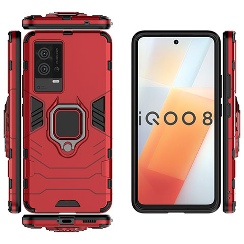 Funda Bumper Silicona y Plastico Mate Carcasa con Magnetico Anillo de dedo Soporte S03 para Vivo iQOO 8 5G Rojo