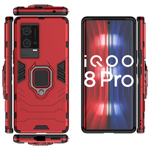 Funda Bumper Silicona y Plastico Mate Carcasa con Magnetico Anillo de dedo Soporte S03 para Vivo iQOO 8 Pro 5G Rojo