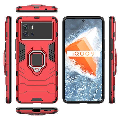 Funda Bumper Silicona y Plastico Mate Carcasa con Magnetico Anillo de dedo Soporte S03 para Vivo iQOO 9 Pro 5G Rojo