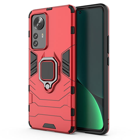 Funda Bumper Silicona y Plastico Mate Carcasa con Magnetico Anillo de dedo Soporte S03 para Xiaomi Mi 12 Lite 5G Rojo