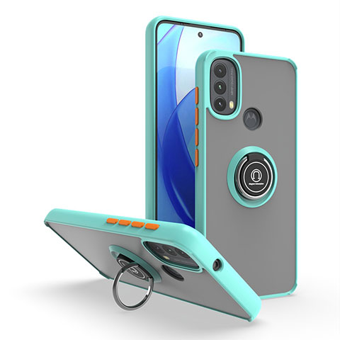 Funda Bumper Silicona y Plastico Mate Carcasa con Magnetico Anillo de dedo Soporte S04 para Motorola Moto E30 Cian