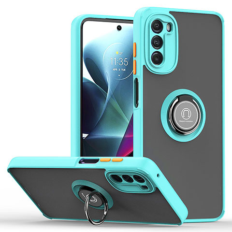 Funda Bumper Silicona y Plastico Mate Carcasa con Magnetico Anillo de dedo Soporte S04 para Motorola Moto G 5G (2022) Cian