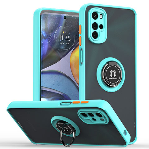 Funda Bumper Silicona y Plastico Mate Carcasa con Magnetico Anillo de dedo Soporte S04 para Motorola Moto G22 Cian