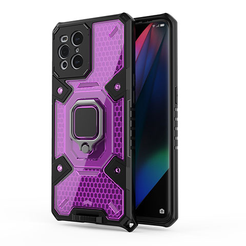 Funda Bumper Silicona y Plastico Mate Carcasa con Magnetico Anillo de dedo Soporte S04 para Oppo Find X3 5G Morado