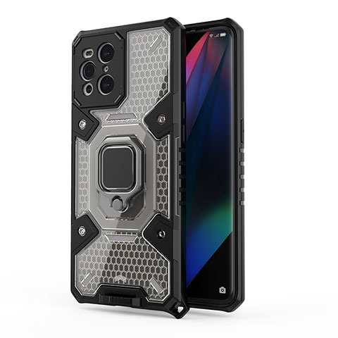 Funda Bumper Silicona y Plastico Mate Carcasa con Magnetico Anillo de dedo Soporte S04 para Oppo Find X3 5G Negro