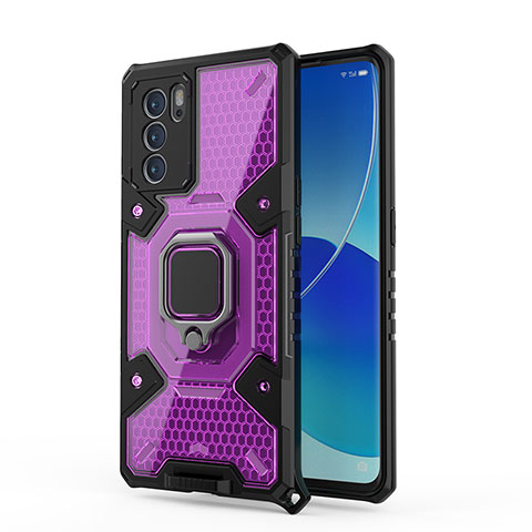 Funda Bumper Silicona y Plastico Mate Carcasa con Magnetico Anillo de dedo Soporte S04 para Oppo Reno6 Pro 5G India Morado