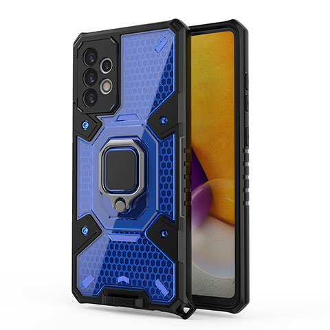 Funda Bumper Silicona y Plastico Mate Carcasa con Magnetico Anillo de dedo Soporte S04 para Samsung Galaxy A72 4G Azul