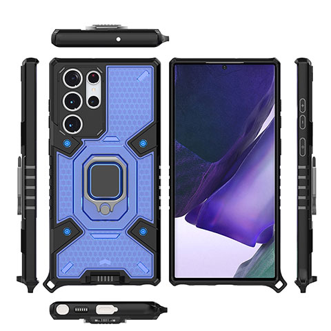 Funda Bumper Silicona y Plastico Mate Carcasa con Magnetico Anillo de dedo Soporte S04 para Samsung Galaxy S22 Ultra 5G Azul