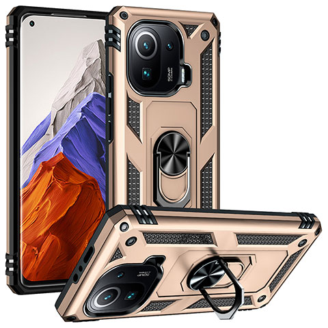 Funda Bumper Silicona y Plastico Mate Carcasa con Magnetico Anillo de dedo Soporte S04 para Xiaomi Mi 11 Pro 5G Oro