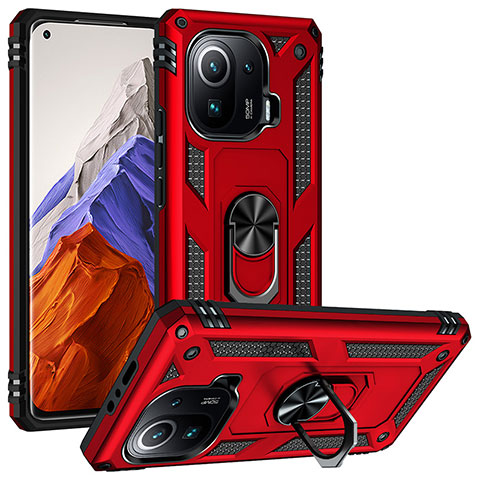 Funda Bumper Silicona y Plastico Mate Carcasa con Magnetico Anillo de dedo Soporte S04 para Xiaomi Mi 11 Pro 5G Rojo