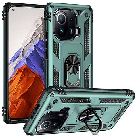 Funda Bumper Silicona y Plastico Mate Carcasa con Magnetico Anillo de dedo Soporte S04 para Xiaomi Mi 11 Pro 5G Verde