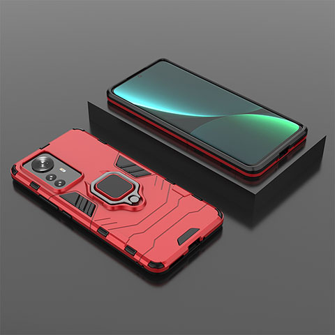 Funda Bumper Silicona y Plastico Mate Carcasa con Magnetico Anillo de dedo Soporte S04 para Xiaomi Mi 12X 5G Rojo