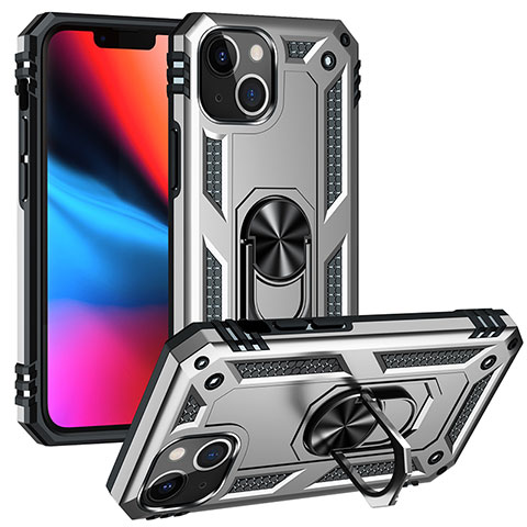 Funda Bumper Silicona y Plastico Mate Carcasa con Magnetico Anillo de dedo Soporte S05 para Apple iPhone 13 Mini Plata