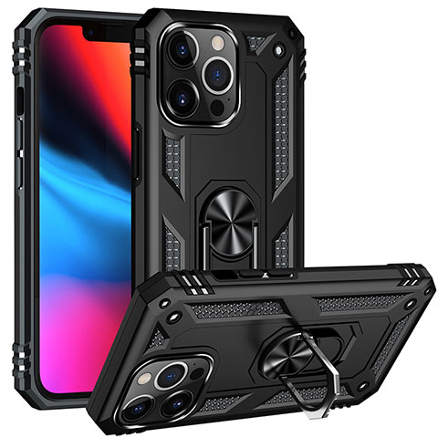 Funda Bumper Silicona y Plastico Mate Carcasa con Magnetico Anillo de dedo Soporte S05 para Apple iPhone 13 Pro Max Negro